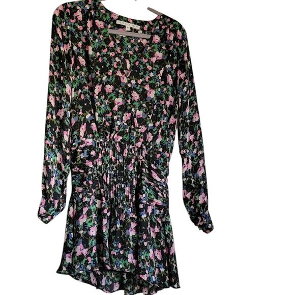 Veronica Beard Silk Floral Mini Dress XS Black Pink Ruched Luxury Designer Boho - Picture 2 of 12